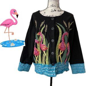 90’s Y2K FLAMINGO ALL OVER BLAZER COAT EMBROIDERED BEADED SZ XL RARE  ECLECTIC